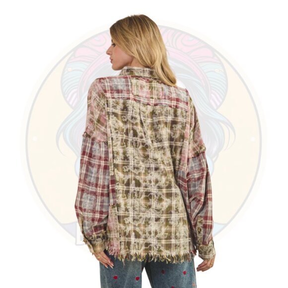 T709 OLI & HALI Olive Pink Plaid Cotton Button Up Frayed Hem Shirt - Picture 3 of 3